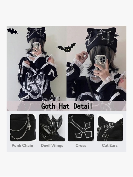 Black Gothic Cat Ear Beanie with Chains & Cross Detail